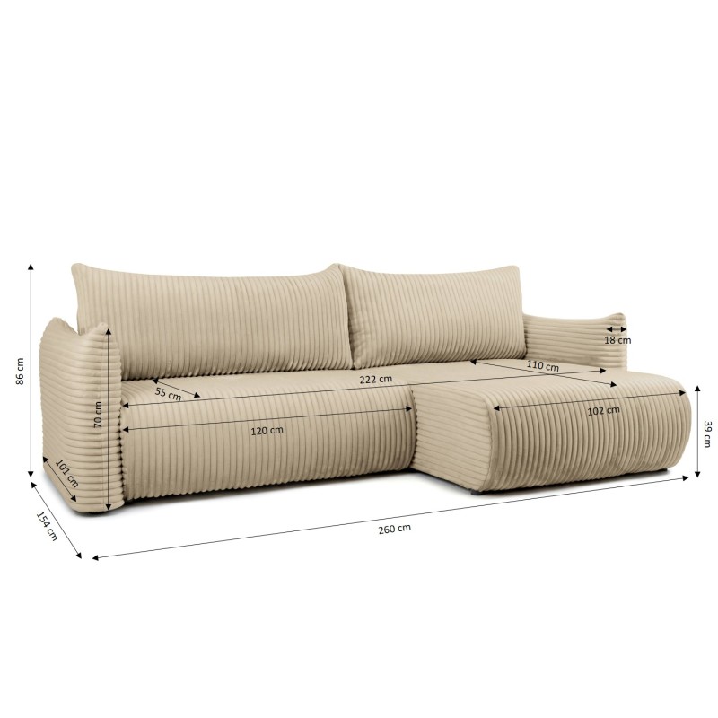 Canapé d'angle convertible et réversible GLORIA 4 places velours côtelé beige