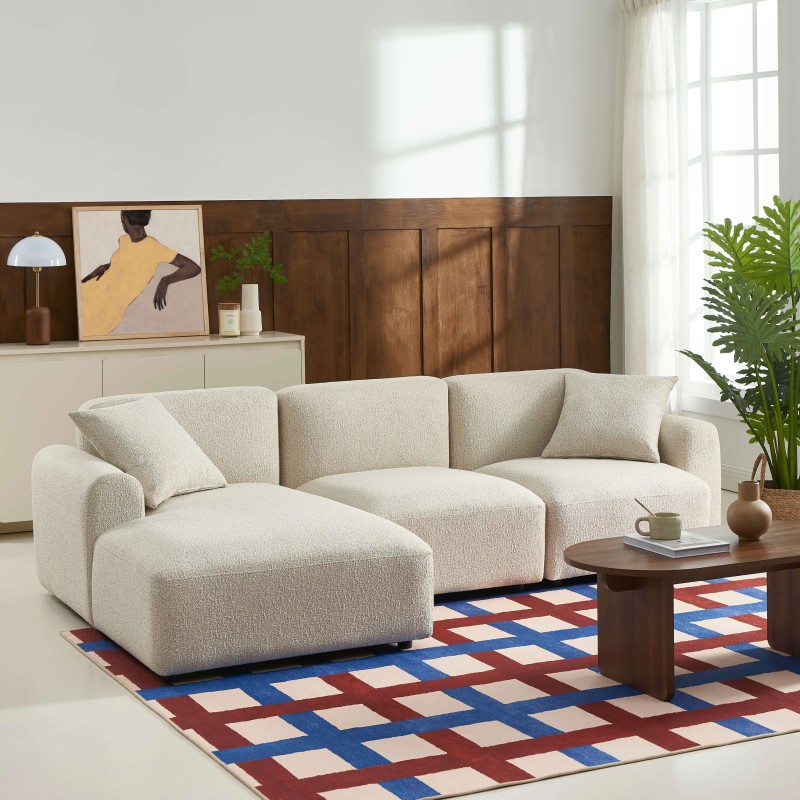 Canapé d'angle gauche fixe CORELA 4 places tissu chenille tramé beige