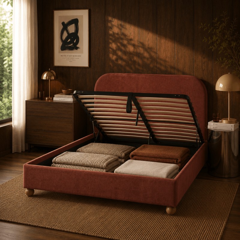 Letto a divano PILKA 140x190 in tessuto ciniglia bordeaux, materasso incluso