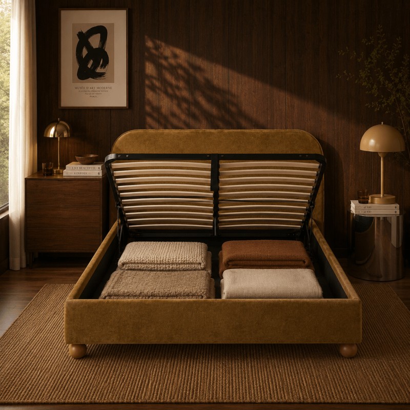 Lit coffre PILKA 160x200 tissu chenille bronze sommier inclus