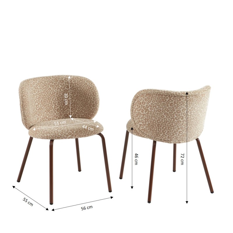 Lot de 2 chaises SERENA tissu jacquard léopard beige et pieds métal marron