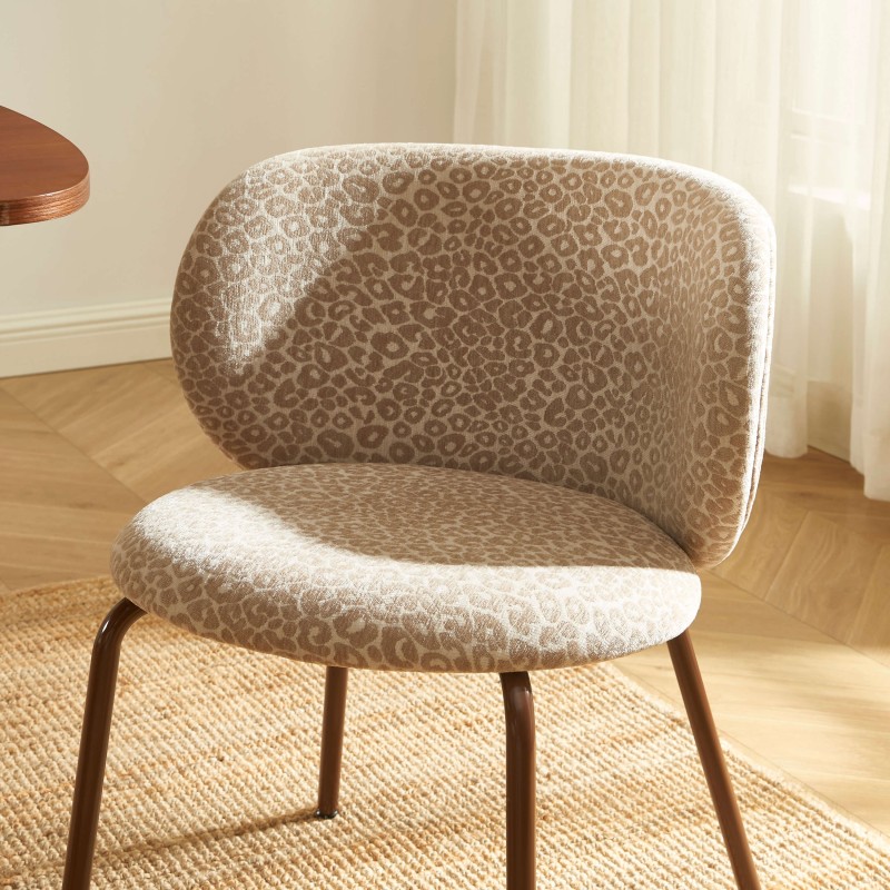 Lot de 2 chaises SERENA tissu jacquard léopard beige et pieds métal marron