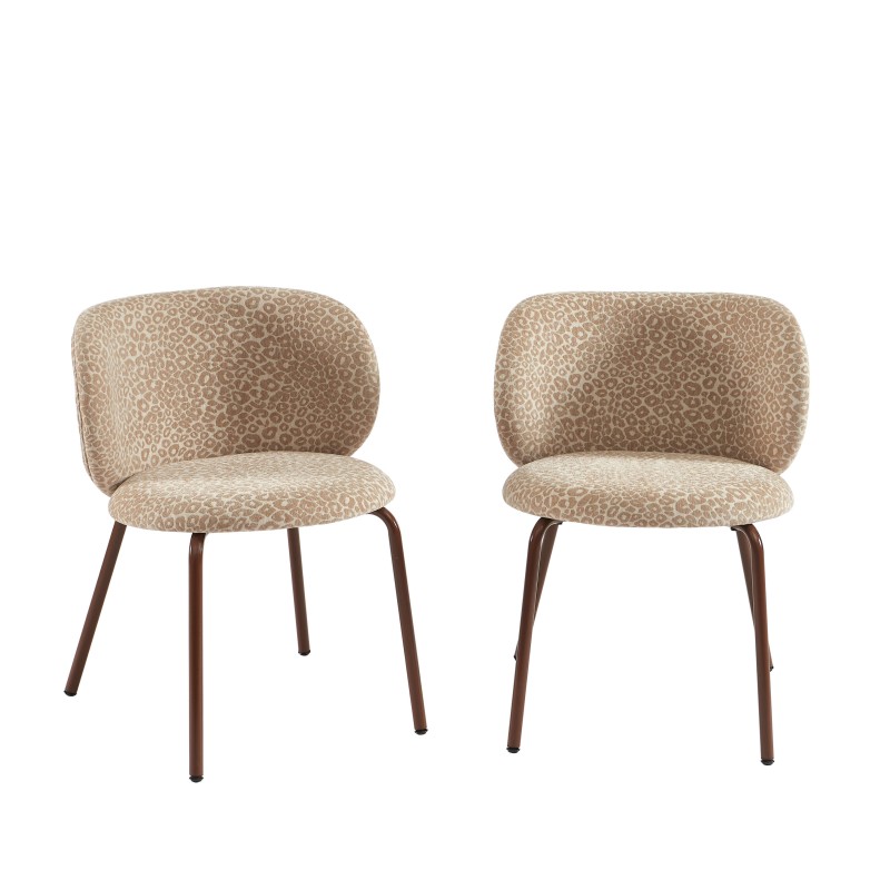 Lot de 2 chaises SERENA tissu jacquard léopard beige et pieds métal marron