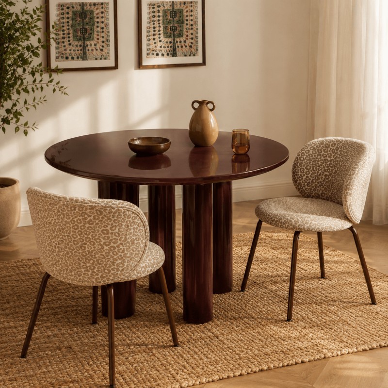 Lot de 2 chaises SERENA tissu jacquard léopard beige et pieds métal marron