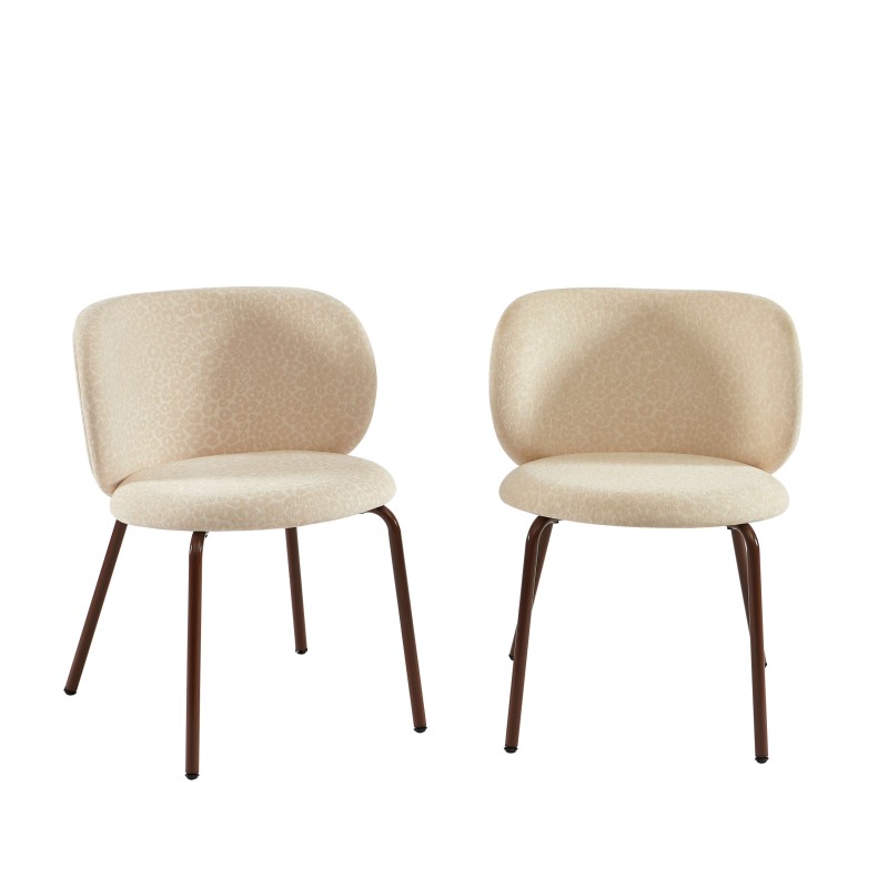 Lot de 2 chaises SERENA tissu jacquard léopard écru et pieds métal marron