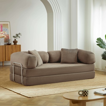Canapé droit convertible et compressé HYPNOS déplimousse 3 places velours côtelé taupe