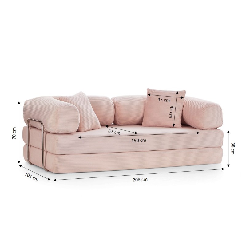 Canapé droit convertible et compressé HYPNOS déplimousse 3 places velours côtelé rose