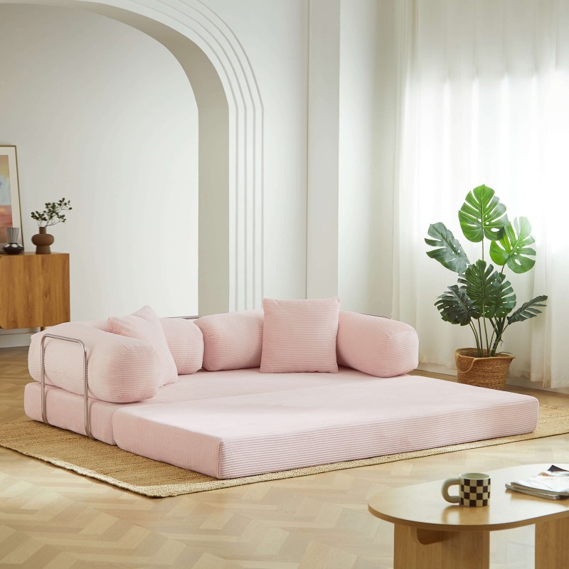 Canapé droit convertible et compressé HYPNOS déplimousse 3 places velours côtelé rose