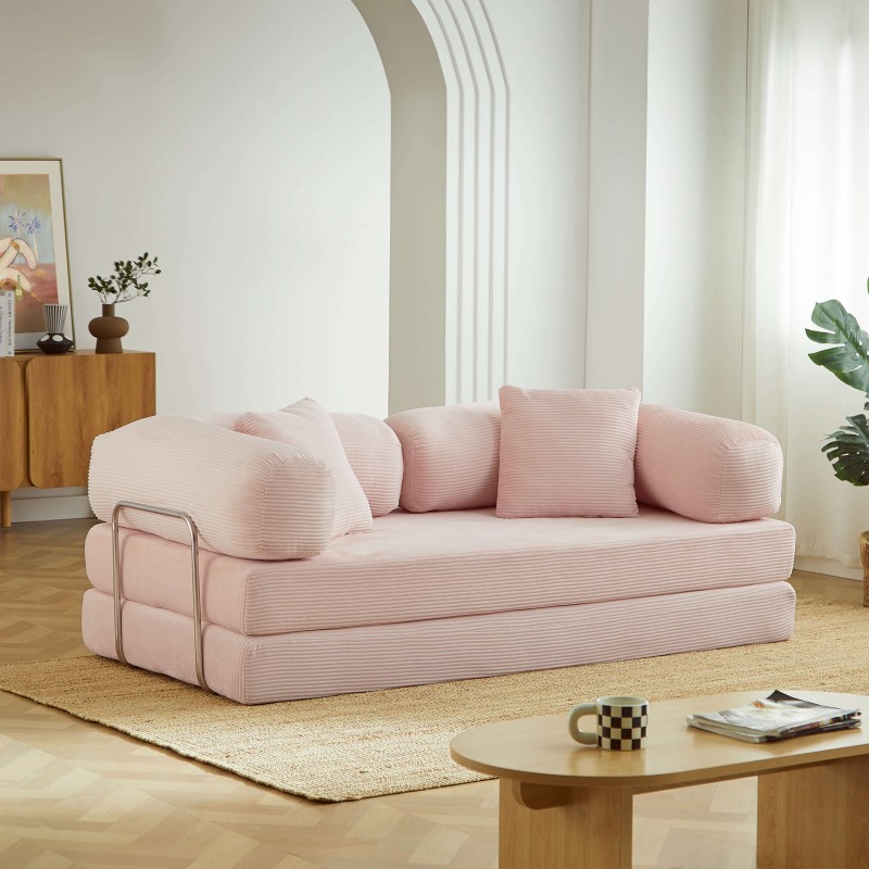 Canapé droit convertible et compressé HYPNOS déplimousse 3 places velours côtelé rose