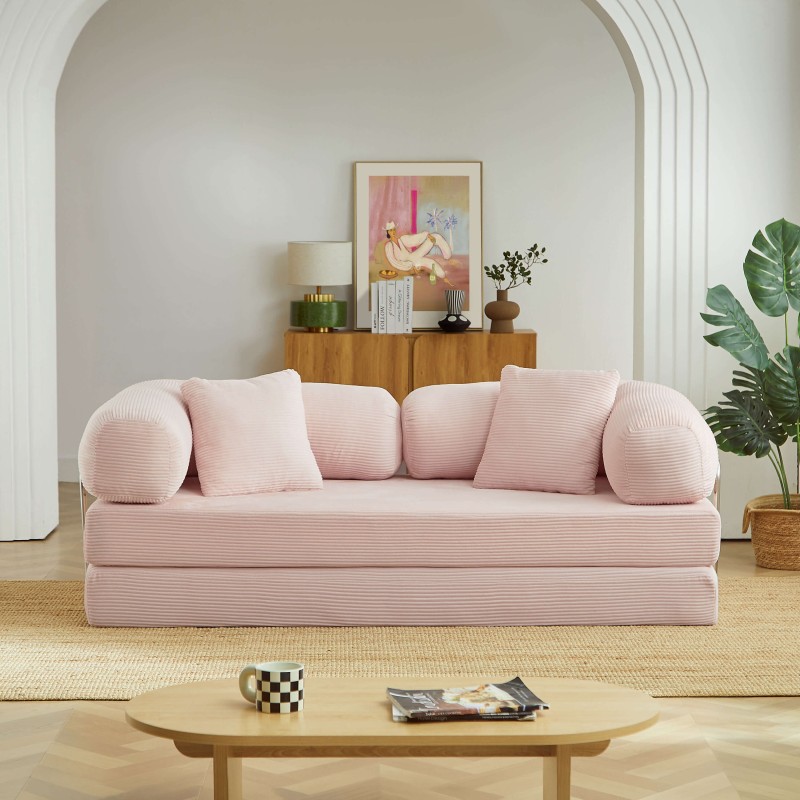 Canapé droit convertible et compressé HYPNOS déplimousse 3 places velours côtelé rose