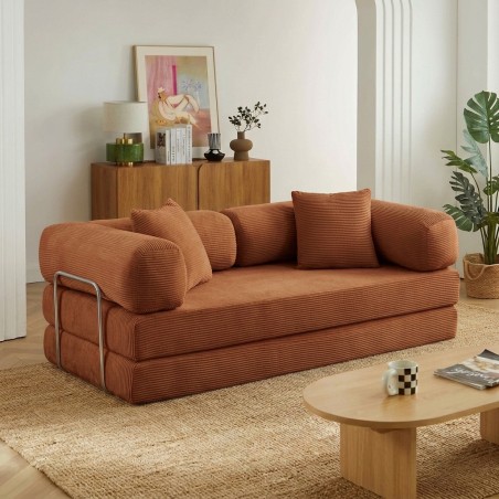 HYPNOS 3-Sitzer-Ecksofa mit Chaiselongue, komprimiert, aus geripptem Samt in Terrakotta