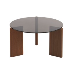 Table basse OLIE verre trempé noir et placage noyer 75cm