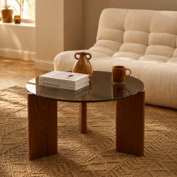 Table basse OLIE verre trempé noir et placage noyer 75cm