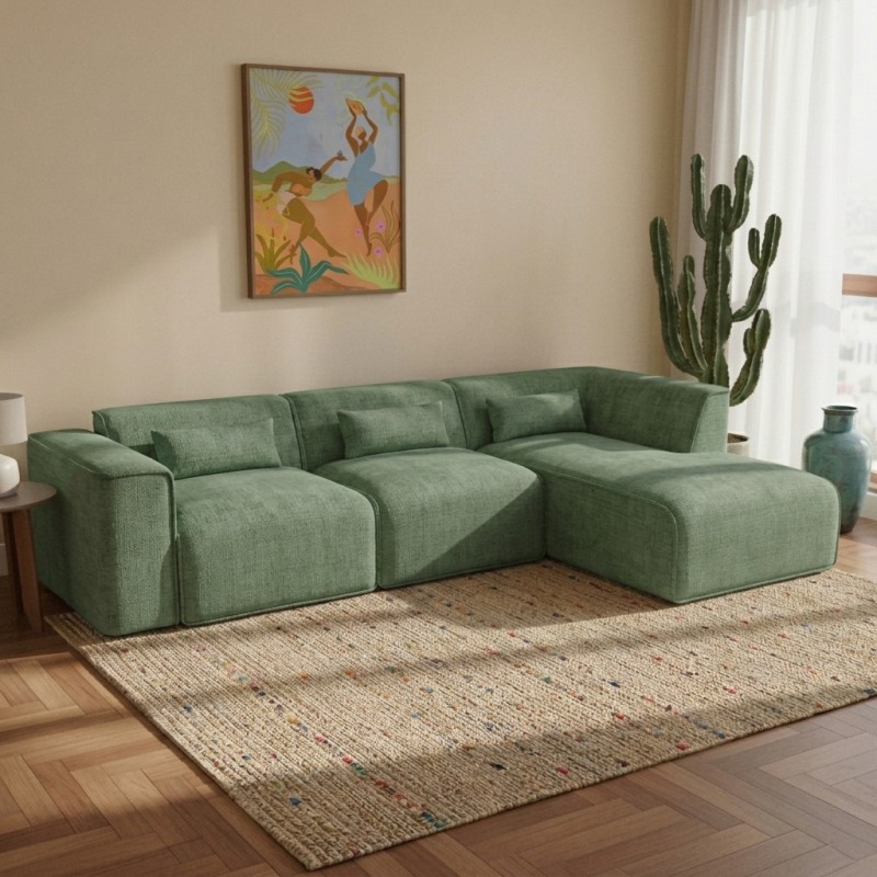 Divano ad angolo fisso NUNA, 5/6 posti, tessuto verde