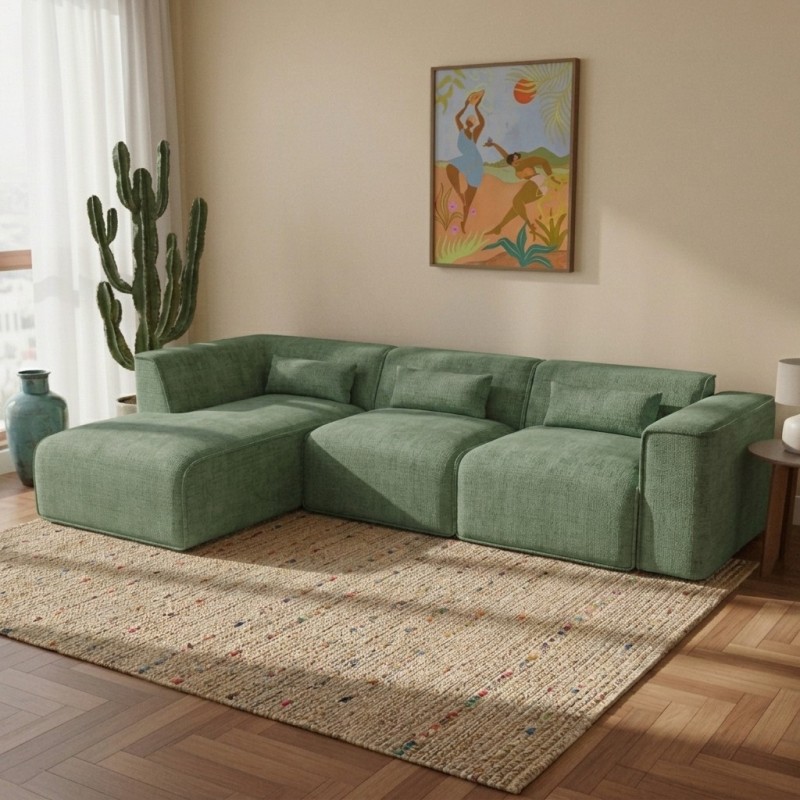 Canapé d'angle gauche fixe NUNA 5/6 places tissu vert