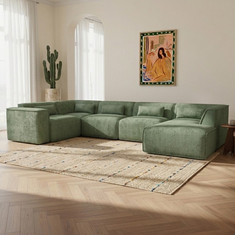 Canapé panoramique fixe NUNA 7 places chaise droite tissu vert