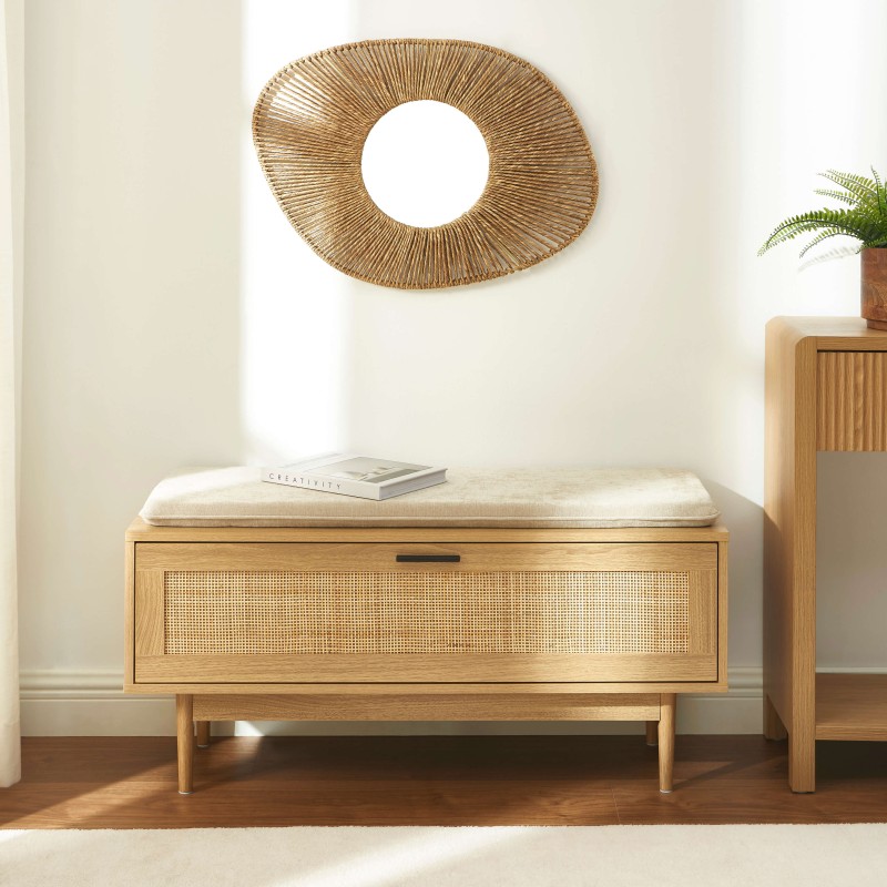 Banc à chaussures AMANA effet chêne et cannage rotin 100cm
