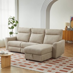 HOROS 4-Sitzer-Ecksofa mit elektrischer Liegefunktion aus beigem Chenille-Stoff