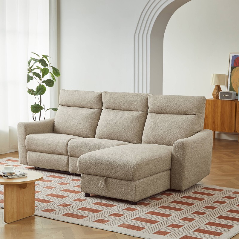 HOROS 4-Sitzer-Ecksofa mit elektrischer Liegefunktion aus beigem Chenille-Stoff