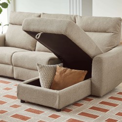 HOROS 4-Sitzer-Ecksofa mit elektrischer Liegefunktion aus beigem Chenille-Stoff