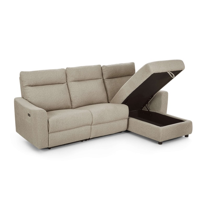 HOROS 4-Sitzer-Ecksofa mit elektrischer Liegefunktion aus beigem Chenille-Stoff