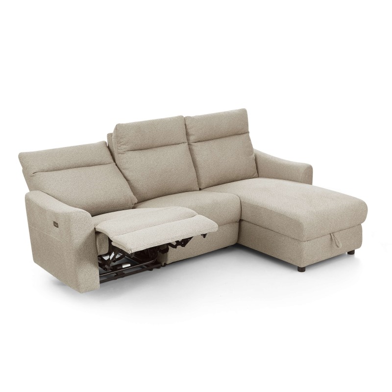 HOROS 4-Sitzer-Ecksofa mit elektrischer Liegefunktion aus beigem Chenille-Stoff
