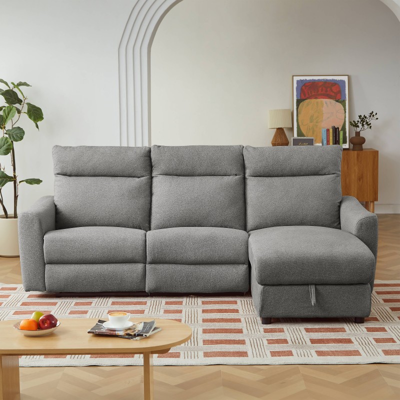 HOROS 4-Sitzer-Ecksofa mit elektrischer Liegefunktion, rechts, hellgrauer Chenille-Stoff