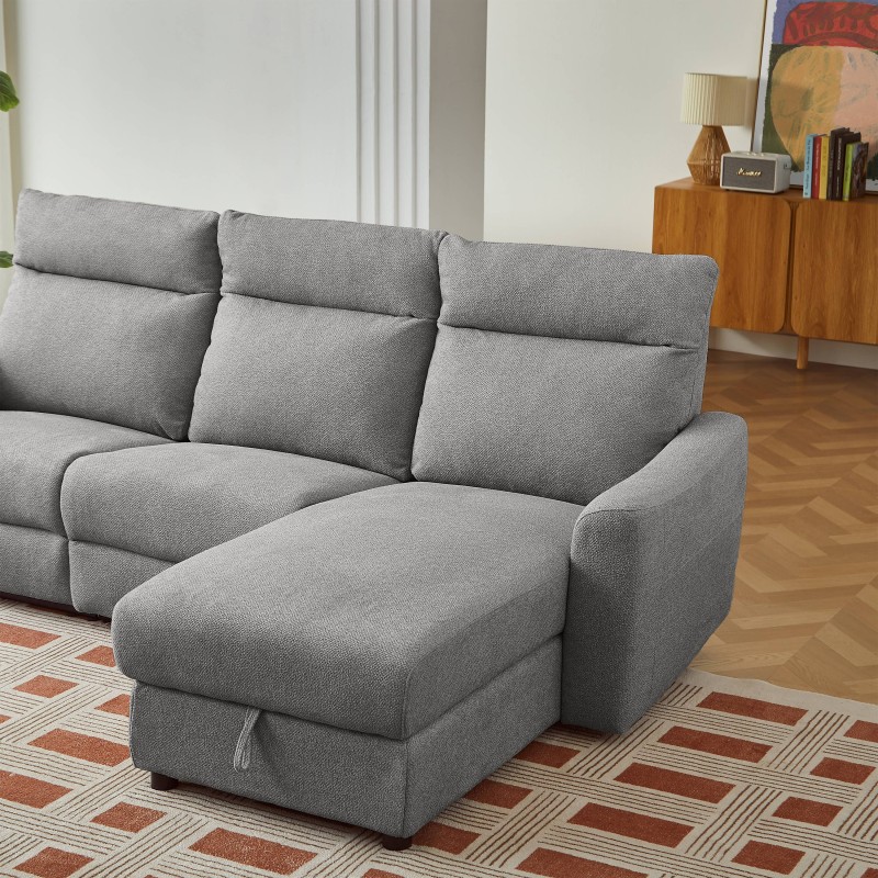 HOROS 4-Sitzer-Ecksofa mit elektrischer Liegefunktion, rechts, hellgrauer Chenille-Stoff