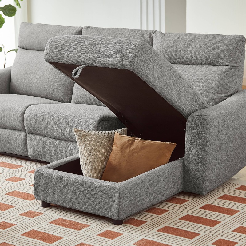HOROS 4-Sitzer-Ecksofa mit elektrischer Liegefunktion, rechts, hellgrauer Chenille-Stoff