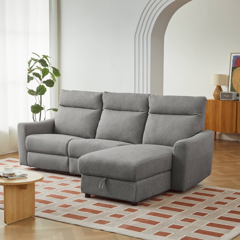 HOROS 4-Sitzer-Ecksofa mit elektrischer Liegefunktion, rechts, hellgrauer Chenille-Stoff