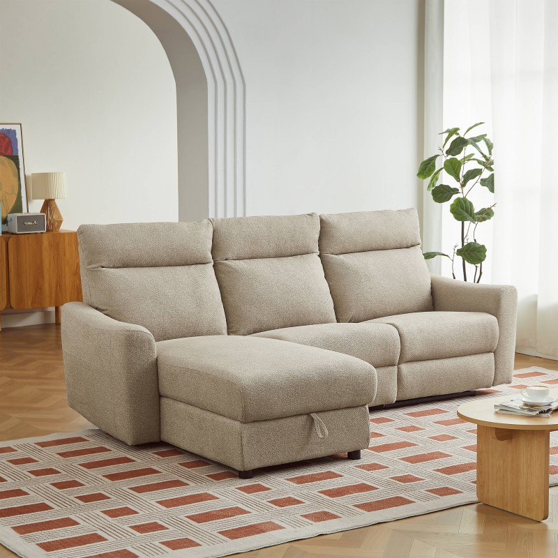 HOROS 4-Sitzer-Ecksofa mit elektrischer Verstellung, links ausgerichtet, in beigem Chenille-Stoff