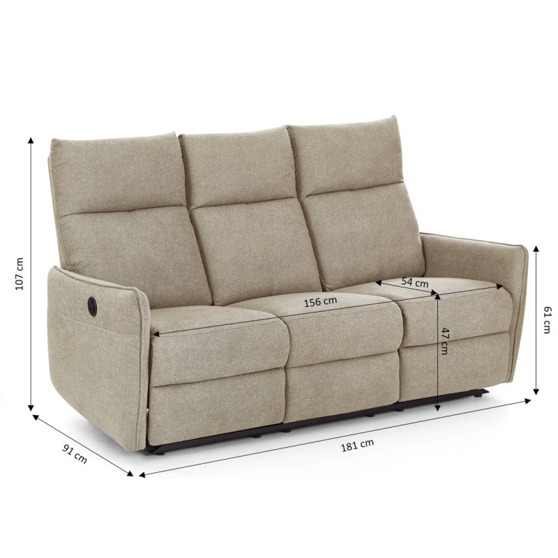 MINOS 3-Sitzer-Sofa mit elektrischer Liegefunktion aus beigem Chenille-Stoff