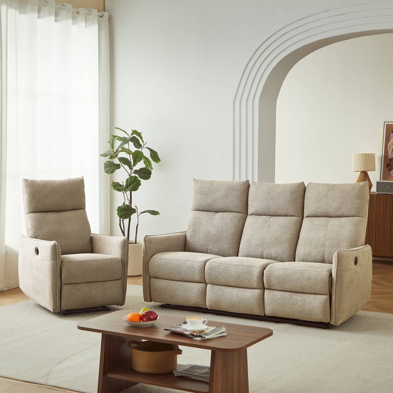 MINOS 3-Sitzer-Sofa mit elektrischer Liegefunktion aus beigem Chenille-Stoff