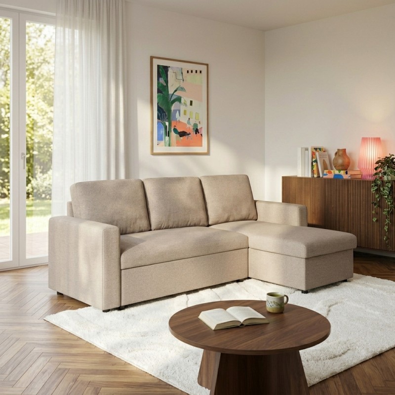 Canapé d'angle convertible et réversible SPENA 4 places tissu beige