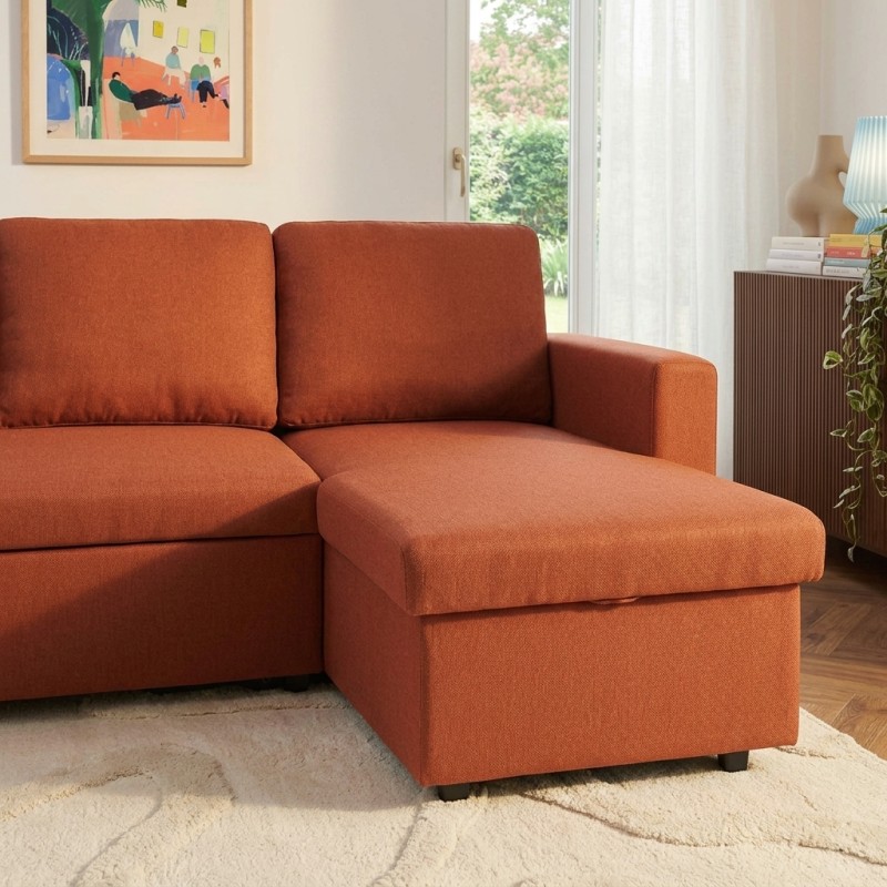 Canapé d'angle convertible et réversible SPENA 4 places tissu terracotta