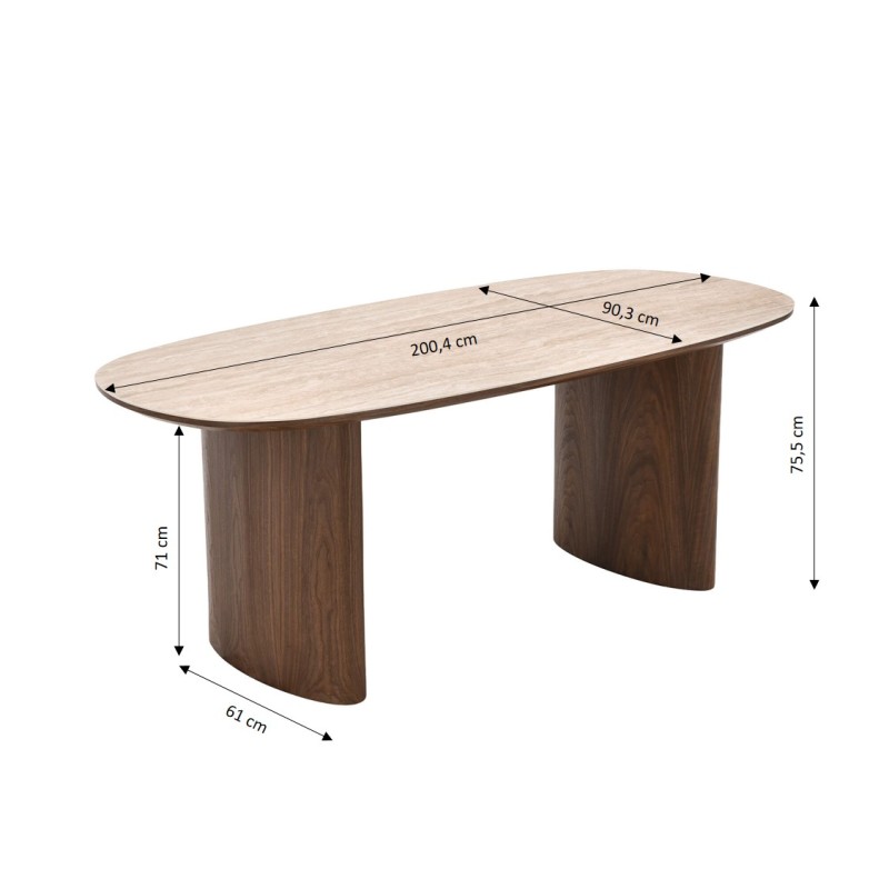 Table de séjour LODEN placage noyer et plateau céramique effet travertin 200cm