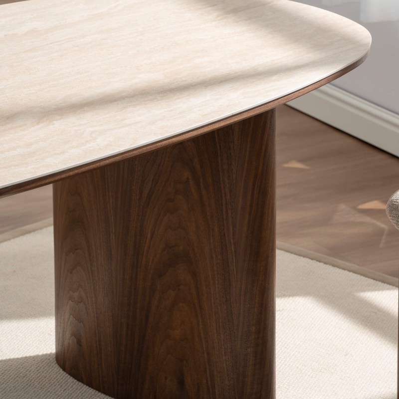 Table de séjour LODEN placage noyer et plateau céramique effet travertin 200cm