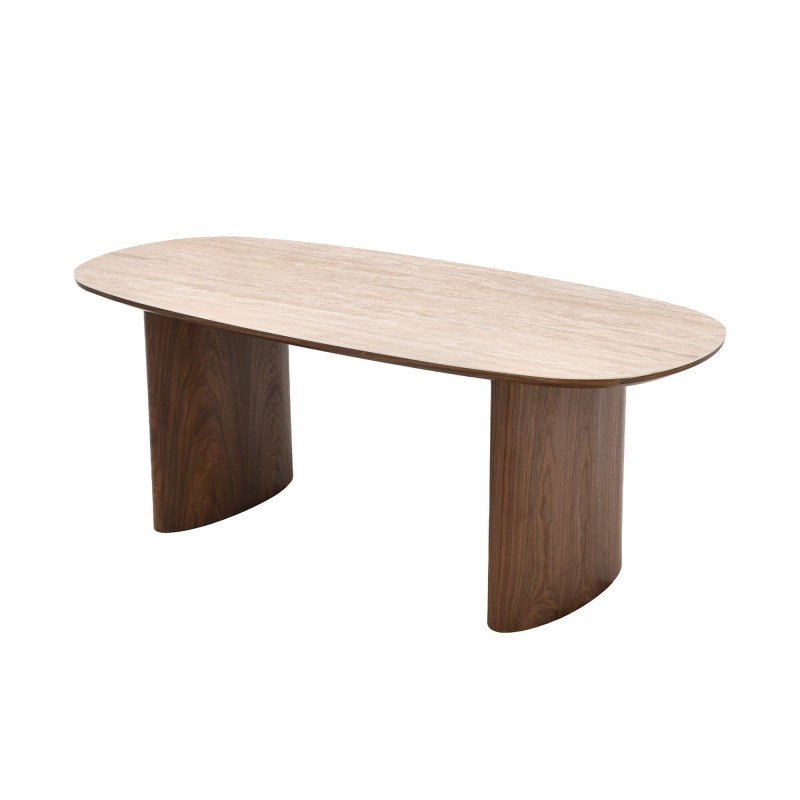 Table de séjour LODEN placage noyer et plateau céramique effet travertin 200cm