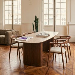 Table de séjour LODEN placage noyer et plateau céramique effet travertin 200cm