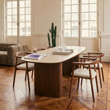 Table de séjour LODEN placage noyer et plateau céramique effet travertin 200cm