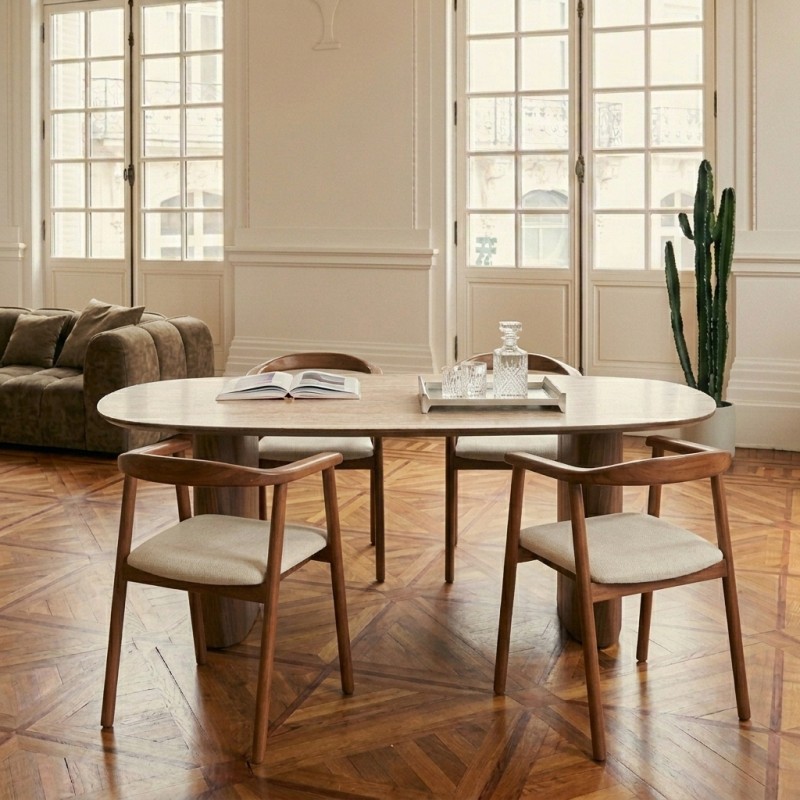 Table de séjour LODEN placage noyer et plateau céramique effet travertin 200cm
