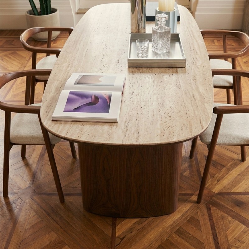 Table de séjour LODEN placage noyer et plateau céramique effet travertin 200cm