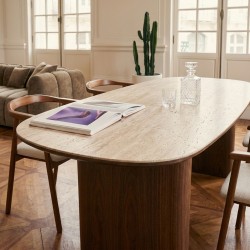 Table de séjour LODEN placage noyer et plateau céramique effet travertin 200cm