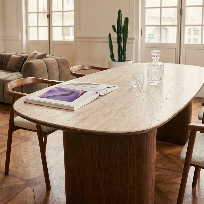 Table de séjour LODEN placage noyer et plateau céramique effet travertin 200cm