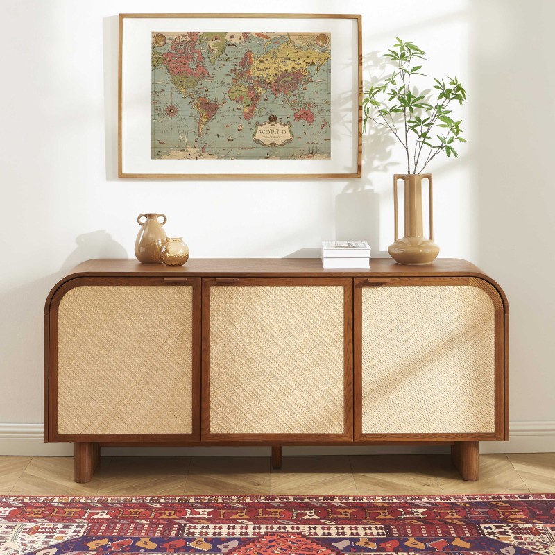 Sideboard LUA, Eschenfurnier mit Rattan-Optik, 3 Türen, 165 cm