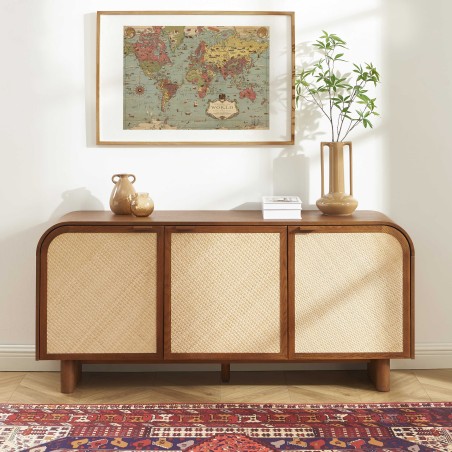 Sideboard LUA, Eschenfurnier mit Rattan-Optik, 3 Türen, 165 cm