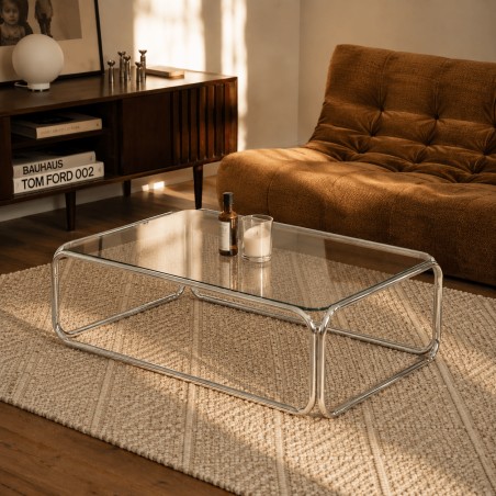 Couchtisch MAGGY aus transparentem Hartglas und Chromgestell