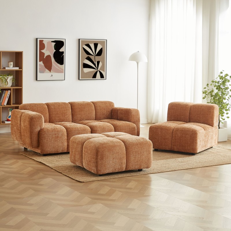 Divano ad angolo modulare ALENO a 4 posti in tessuto velluto testurizzato color terracotta
