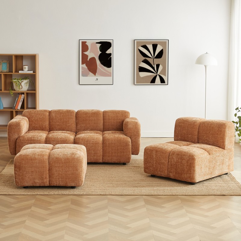 Divano ad angolo modulare ALENO a 4 posti in tessuto velluto testurizzato color terracotta