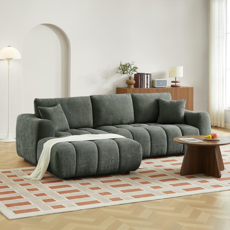 Feste linkes Ecksofa KEREA, 4-Sitzer, grüner Chenille-Stoff